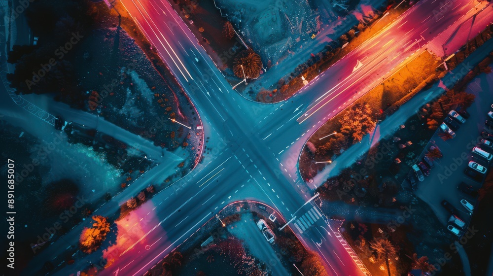 Aufkleber present an aerial view of a highway intersection at twilight, with the sky transitioning from day to