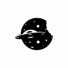 Abstract black and white logo of UFO and moon, or a bitten cookie with teeth prints. Flat emblem of a broken coin or circle. Unusual vector icon