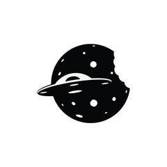 Abstract black and white logo of UFO and moon, or a bitten cookie with teeth prints. Flat emblem of a broken coin or circle. Unusual vector icon