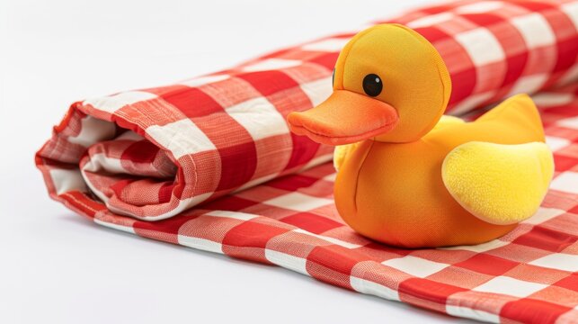 Red picnic cloth. Red checked picnic blanket with a plush toy duck for kids on it isolated on a white background. Copy space. Baby products isolated on white. Photo realistic photo.