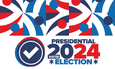 Presidential Election 2024 in United States. Vote day, November 5. US Election campaign. Make your choice! Patriotic american vector illustration. Poster, card, banner and background