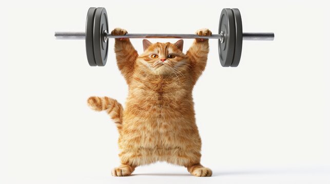 Funny and playful chubby overweight cat lifting a bar bell isolated on white background, concept of losing weight, fitness, work out. Fitness equipment isolated on white. Photo realistic photo.