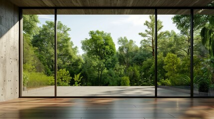 Modern interior with wood floor and large window, summer forest view for project mockups