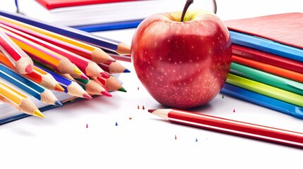 A picturesque setup with a red apple resting on a pile of books, assorted pencils, and a white background for back to school inspiration. Stationery isolated on white. Photo realistic photo.