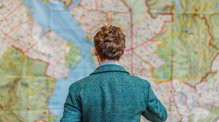 Fototapeta premium Man studying a detailed map, possibly planning a journey or route. Perfect for travel, exploration, and navigation concepts.