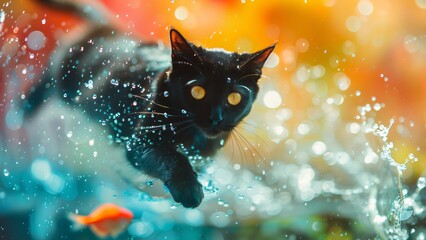 Fototapeta premium A lively black cat with golden eyes leaps through a vibrant water splash, creating a dynamic and colorful scene.