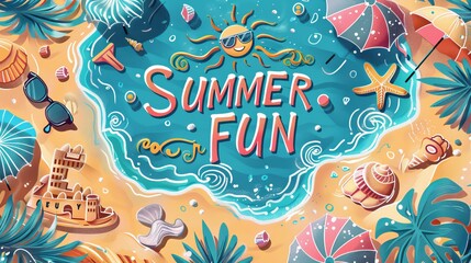 Obraz premium Illustrated summer fun beach scene with sunglasses shells starfish umbrellas sandcastles and ocean waves