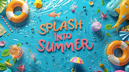 Illustrated summer pool scene with floaties drinks fish sun umbrella and blue water and text "splash into summer"