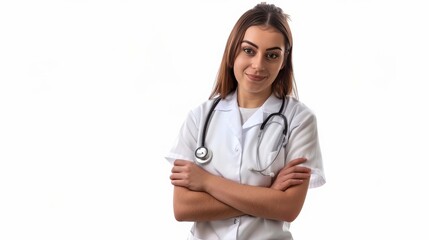 Fototapeta premium Portrait of a female doctor isolated on a white background. Avatar of a nurse with a stethoscope. Free space for text. Professions isolated on white. Photo realistic photo.