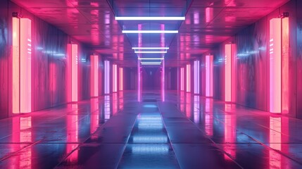 Fototapeta premium Futuristic Neon Corridor with Vibrant Pink and Blue Lights Reflecting on Shiny Metallic Floor in a Modern Sci-Fi Setting
