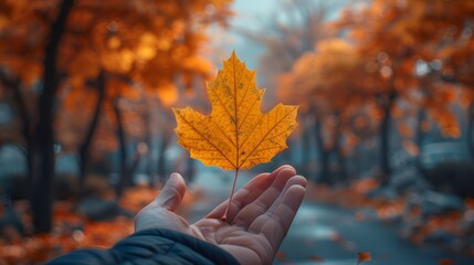 Beautiful Nature Close-up of a Hand Holding a Maple Leaf in Autumn