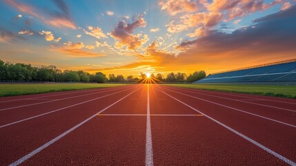 Sunset Over an Empty Running Track in a Stadium with Vibrant Sky and Clouds, Perfect for Sports, Fitness, and Outdoor Activity Themes