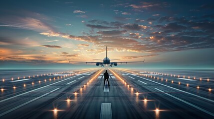 A man stands on a runway in front of an airplane
