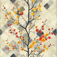 Elegant Floral Branch with Yellow and Red Blossoms on a Geometric Background