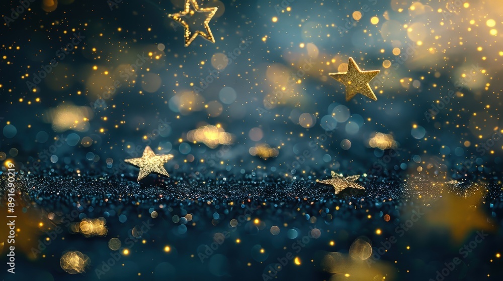 Poster a close-up view of a dark blue background covered in sparkling gold glitter and scattered with golde