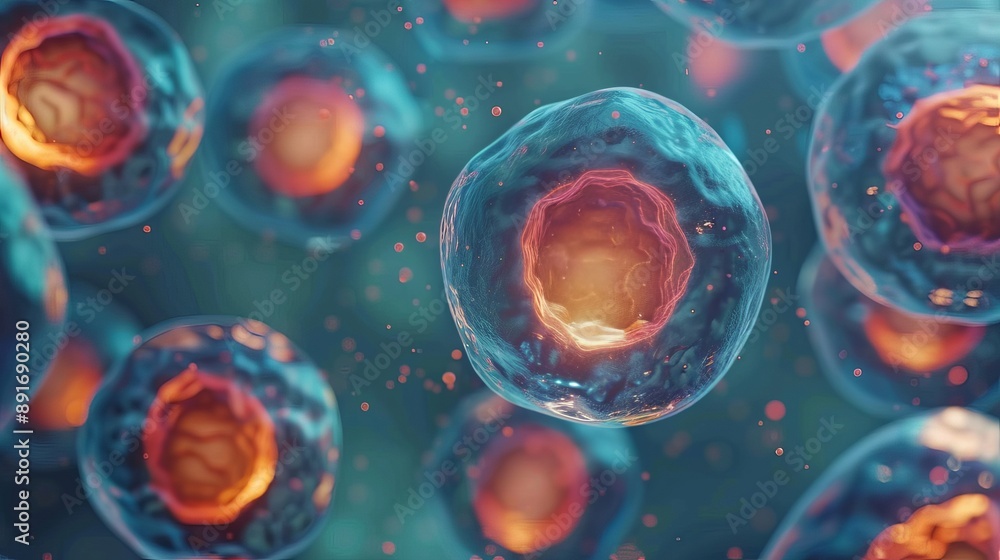 Poster close up view of colorful cell structures in a liquid environment