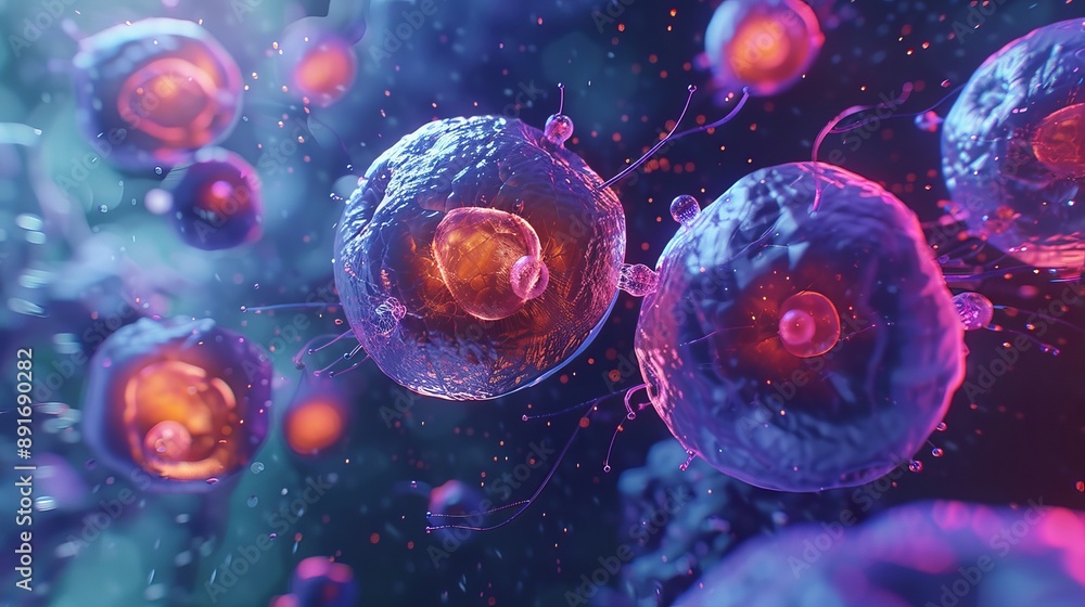 Poster close-up view of eukaryotic cells with visible nuclei and cytoplasm
