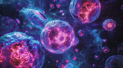 Abstract cosmic spheres glowing with pink and blue light in deep space