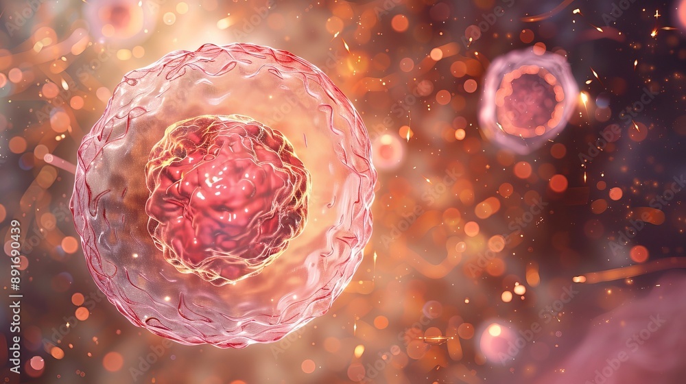 Poster close-up view of a single cell with a nucleus in the center
