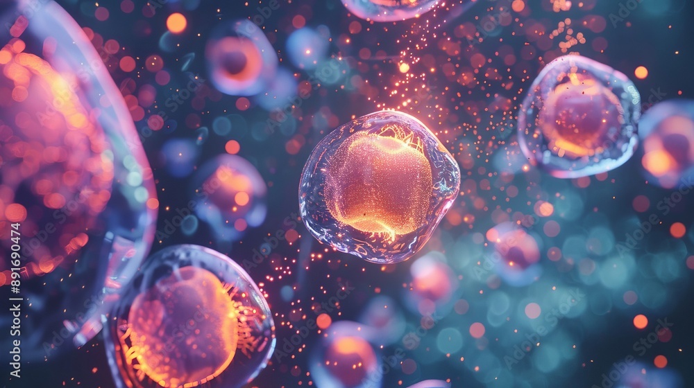 Poster abstract representation of cells in a blue and red color palette