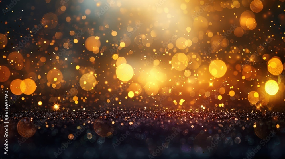 Poster abstract background with a bokeh effect of golden lights and sparkling glitter, creating a warm and 