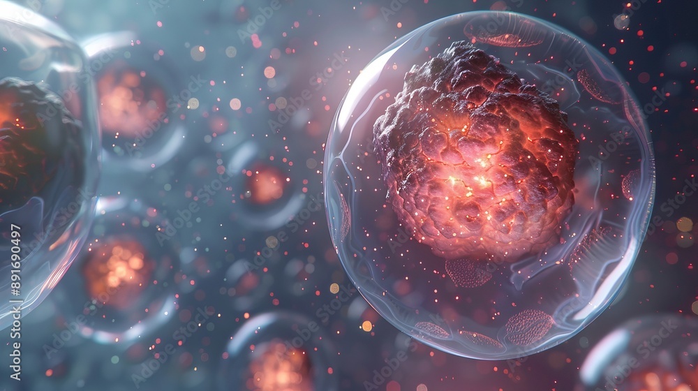 Poster a close up view of a red cell inside a transparent sphere with other cells in the background