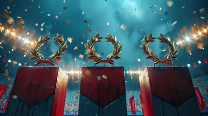 Victory Podiums with Laurel Wreaths in a Stadium. Olympic games background. High quality AI generated image