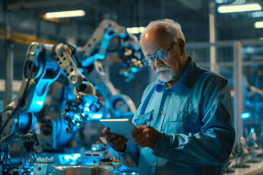 A dynamic and futuristic image of an older male engineer focused on a tablet in a robotics laboratory filled with advanced robotic arms and blue lighting - Powered by Adobe