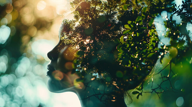 Double exposure of a woman's profile with a lush forest, symbolizing connection with nature and inner peace.