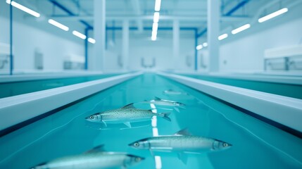 A detailed shot of a sustainable seafood farm with fish in tanks