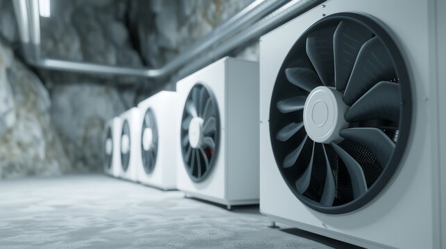 A detailed shot of a mine's ventilation system, with large fans and ducts ensuring airflow, high-resolution photo, realistic photo, cinematography, hyper realistic