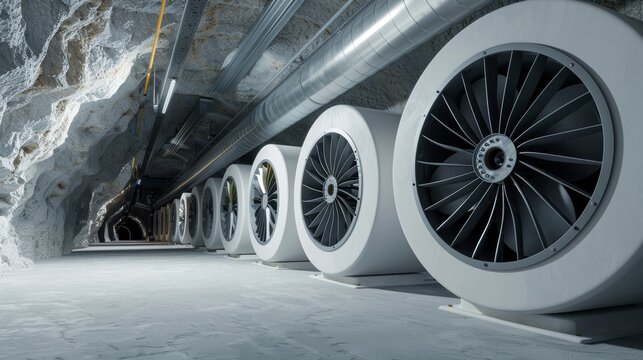 A detailed shot of a mine's ventilation system, with large fans and ducts ensuring airflow, high-resolution photo, realistic photo, cinematography, hyper realistic