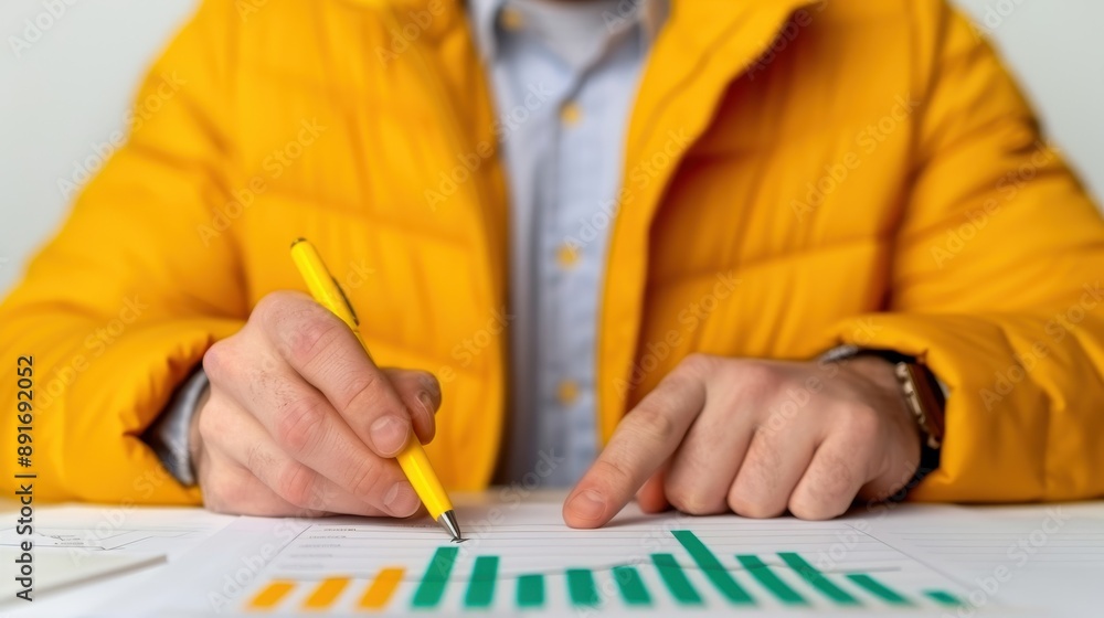 Poster person in yellow jacket analyzing financial bar chart with pen on table, focusing on statistical dat