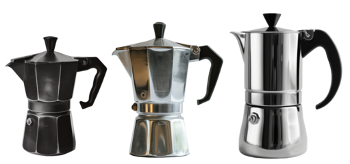 Three different italian coffee maker isolated on transparent background