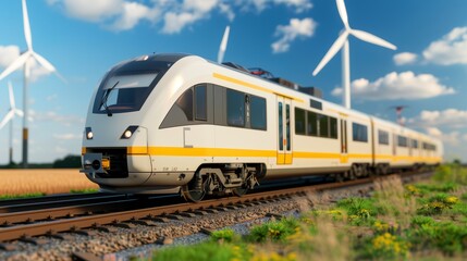Naklejka premium A detailed shot of an electric train traveling through a countryside, with wind turbines in the background, high-resolution photo, realistic photo, cinematography, hyper realistic