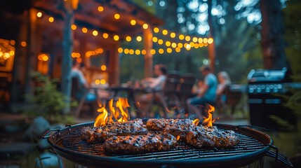 The photo showcases a barbecue grill with meat cooking over an open flame, set against a blurred backdrop of people enjoying an outdoor gathering with string lights. Ideal for promoting outdoor dining