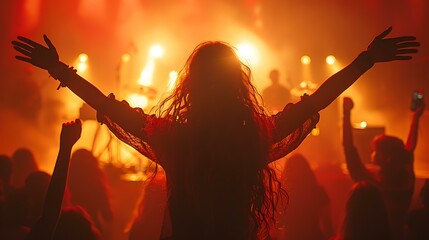 A person raises their arms in joy amidst a vibrant concert crowd, bathed in warm stage lights, capturing the essence of live music excitement. This image is ideal for promoting concerts