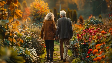 An elderly couple walks hand-in-hand down a garden path surrounded by vibrant autumn flowers and foliage. This serene image can be used for themes related to aging, retirement