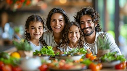 Fototapeta premium A happy family of four, comprising parents and two young children, smiles cheerfully in the kitchen surrounded by fresh vegetables and greens; ideal for advertisements focusing on family bonding