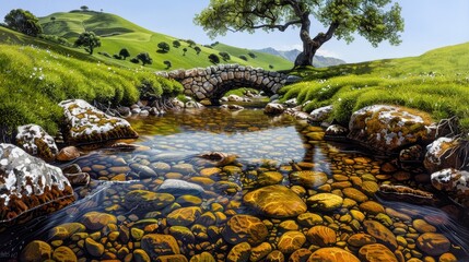 Fototapeta premium Serene landscape with a stone bridge over a crystal-clear stream, surrounded by rolling green hills and a majestic tree.