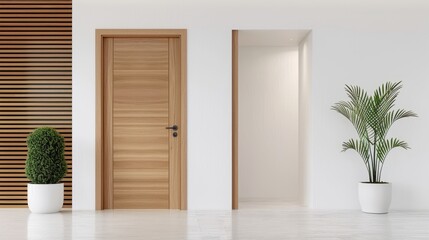 A white door with a wooden frame is in front of a white wall
