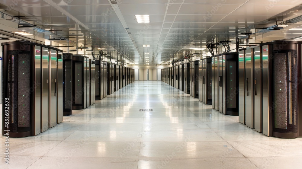 Poster spacious, high-tech data center with modern servers and advanced infrastructure, featuring tidy cabl
