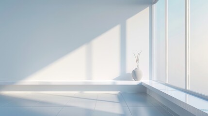 Obraz premium A white room with a vase on a shelf and a window