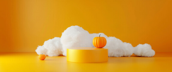 front view, yellow 3d podium, pumpkin and cloud. For design, banner, product, Halloween, harvest, school season, thanksgiving day,  advertisement, presentation, card, flyer, poster Copy space for text