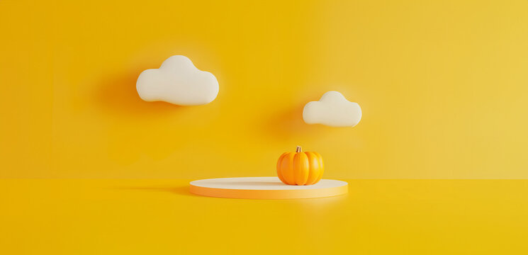 front view, yellow 3d podium, pumpkin and cloud. For design, banner, product, Halloween, harvest, school season, thanksgiving day,  advertisement, presentation, card, flyer, poster Copy space for text - Powered by Adobe