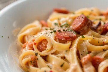A close-up image of fettuccine pasta with sausage and garnish, featuring a creamy sauce and sprinkled herbs
