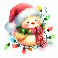 A cute cartoon chick wearing a Santa hat and scarf, surrounded by Christmas lights.