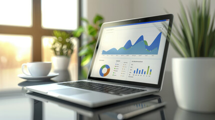 Fototapeta premium A laptop showing business growth charts and graphs, placed on a desk with a cup of coffee and plants in the background.
