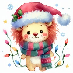 Fototapeta premium A cute cartoon lion wearing a Santa hat and scarf, surrounded by Christmas lights.
