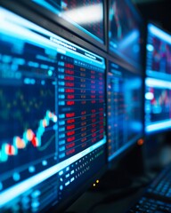 Fototapeta premium Multiple monitors display various financial charts and stock market data, reflecting real-time trading and investment activities in a financial environment